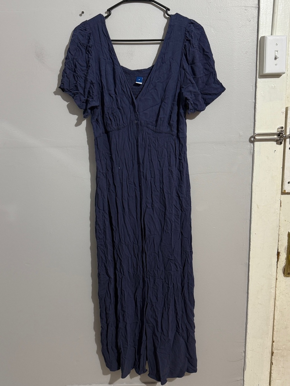 Old Navy Womens M Navy Maxi Dress Puff Sleeve V Neck Crinkle Smocked Back